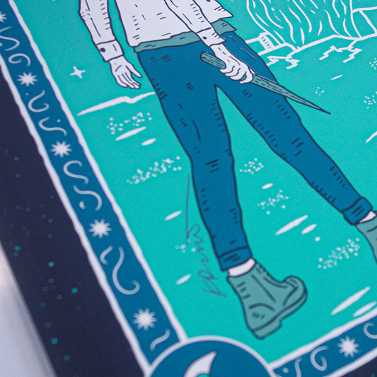 Illustration by Devan Power for Buffering the Vampire Slayer shows a person in blue pants and boots fishing near stylized waves, framed by a celestial border with stars, moons, and cosmic elements. Artwork measures 18x24.