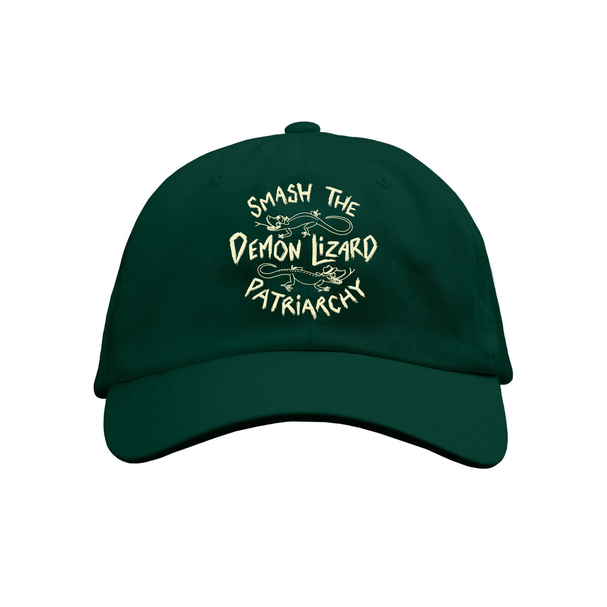 This Buffering the Vampire Slayer Limited Edition dark green Dad Hat features Smash the Demon Lizard Patriarchy in cream text, with charming illustrations of two lizards.