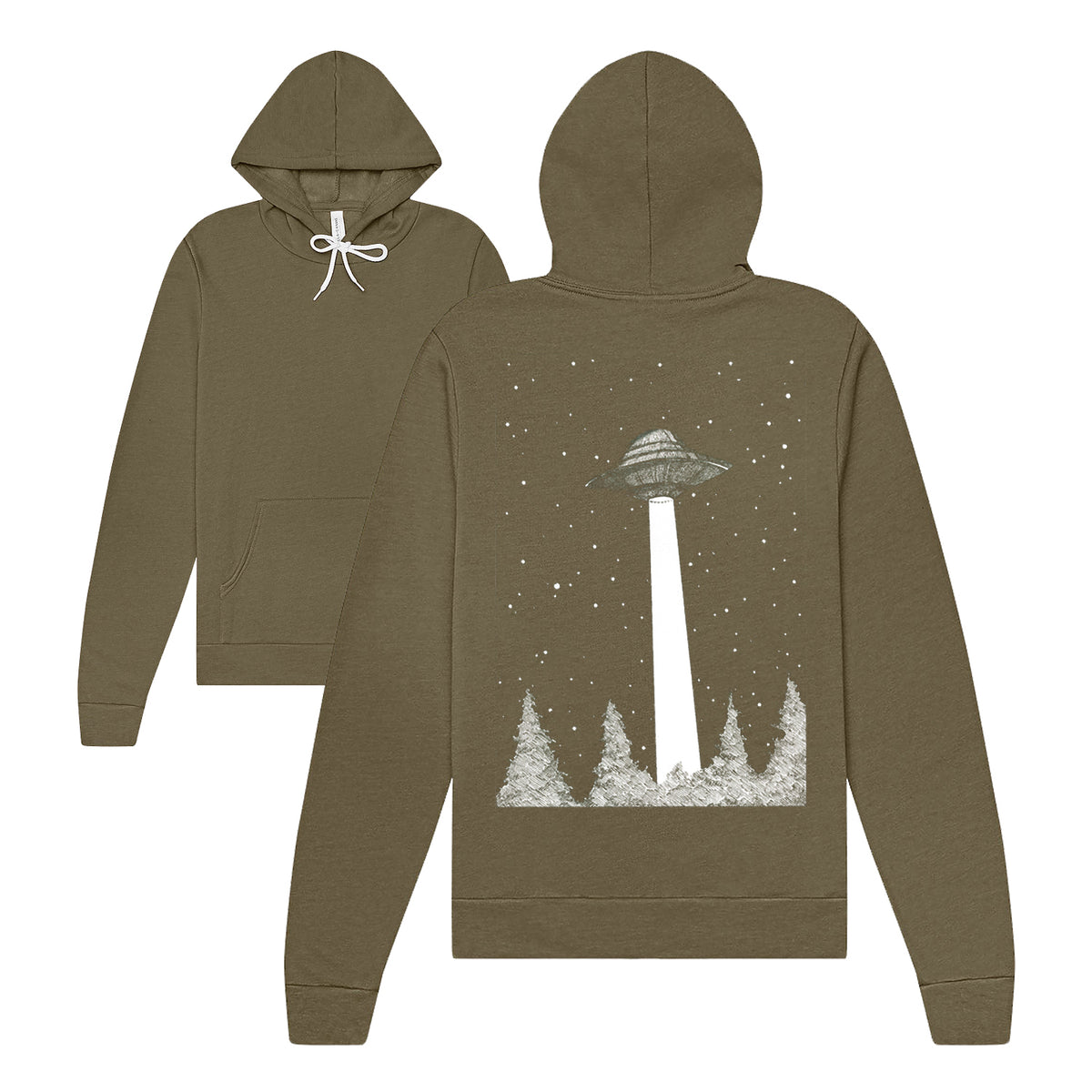 Want To Believe Heather - Olive Pullover. back has white print of a UFO with a beam down to a tree line forest