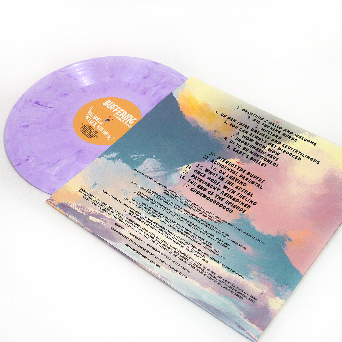 angled image of a purple vinyl record on the left and the back cover on the right on a white background.
