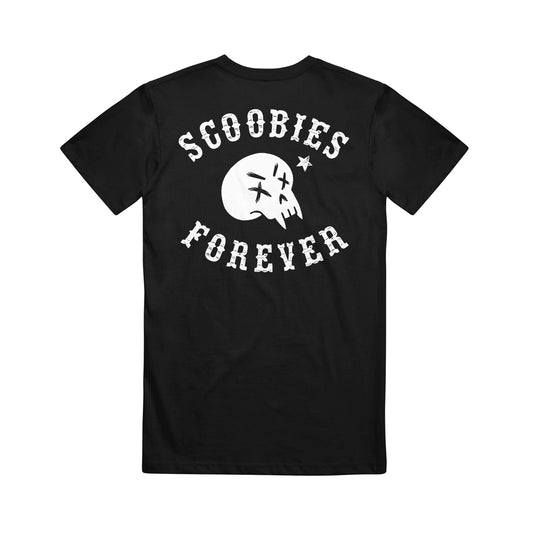 image of the back of a black tee shirt on a white backgroun.d back of tee has print in white of a vampire skull. above the skull says scoobies. below the skull says forever
