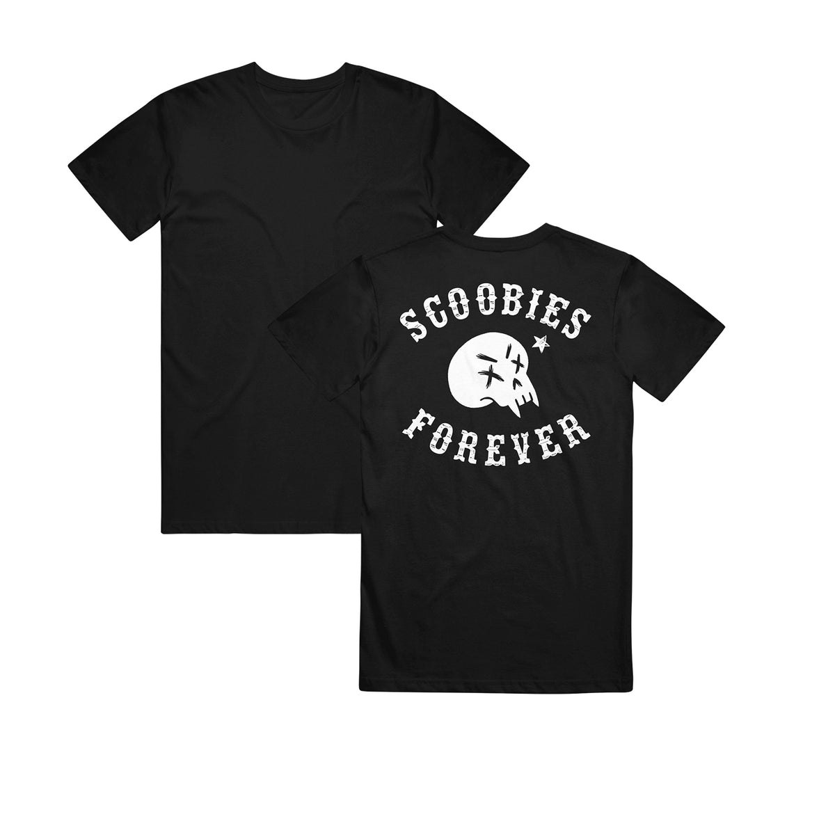 image of the front and back of a black tee shirt on a white background. back of tee has print in white of a vampire skull. above the skull says scoobies. below the skull says forever
