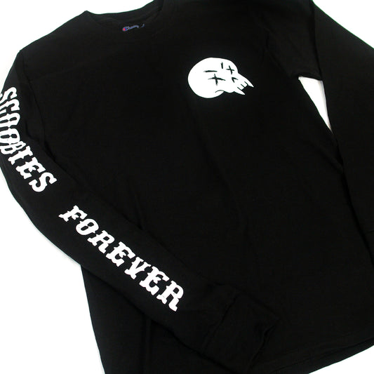 close up, angled image of a black long sleeve tee shirt on a white background. there is a small chest print in white on the right chest of a vampire skull. the left sleeve says scoobies forever