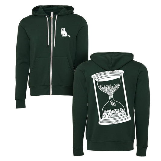 Dark green zip-up hoodie by Buffering the Vampire Slayer featuring a small white kittens illustration on the chest and a large cat- and flower-filled hourglass graphic with text on the back.