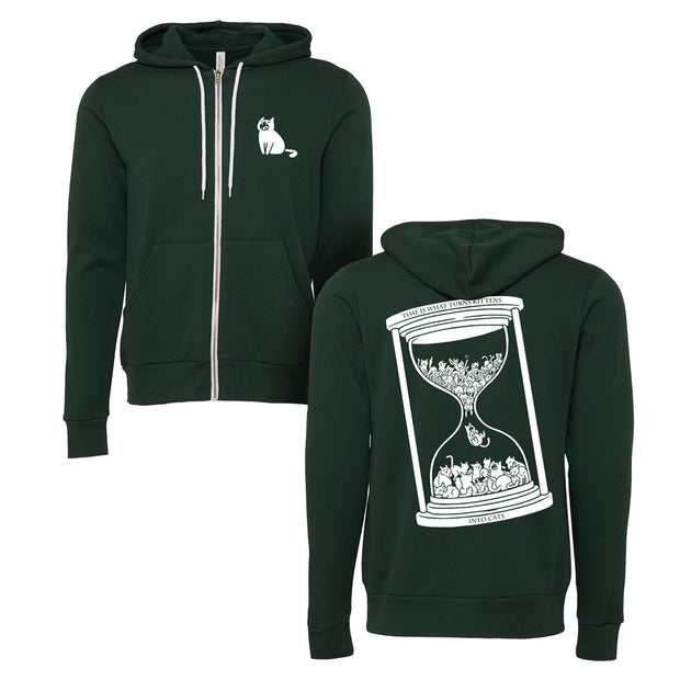 Dark green zip-up hoodie by Buffering the Vampire Slayer featuring a small white kittens illustration on the chest and a large cat- and flower-filled hourglass graphic with text on the back.