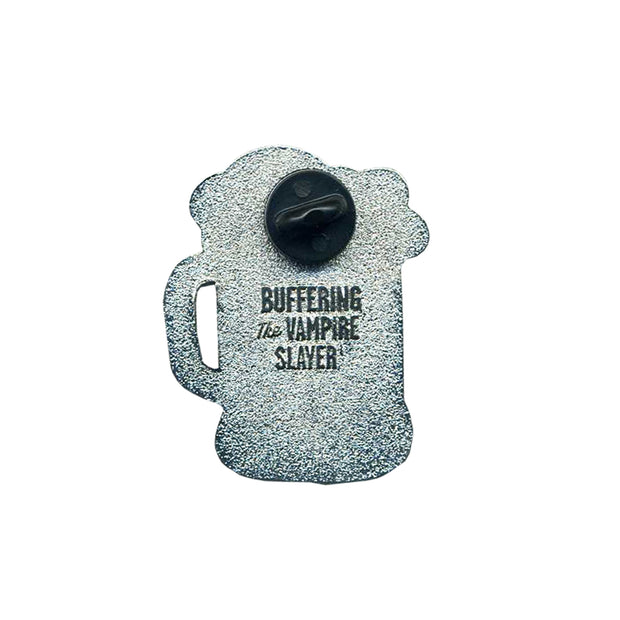 A glittery, mug-shaped enamel pin from Buffering the Vampire Slayer with a black back fastener and "BUFFERING The VAMPIRE SLAYER" text. Comes on a white background with a 1"x1" sticker label for easy gifting.