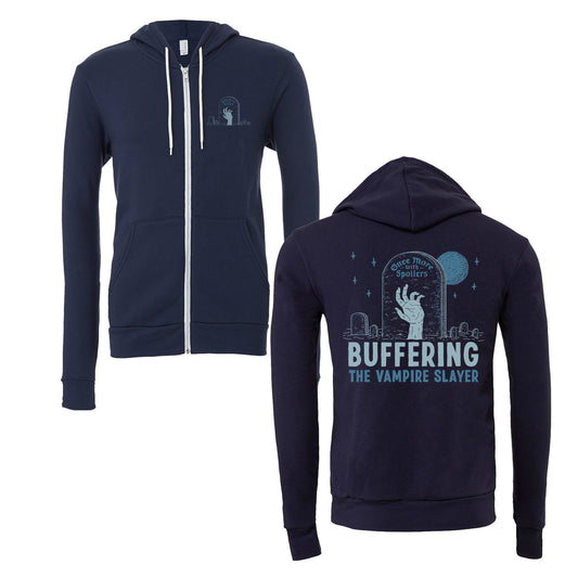 Buffering the Vampire Slayer unisex navy hoodie with tear away label and zip front. Features small grave and hand graphic on chest; back shows larger art with show name under a moonlit sky.