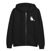 image of the front of a black zip up hoodie. hoodie has a small chest print in white on the right of a cat