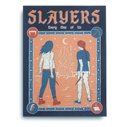 Buffering The Vampire Slayers illustrated book cover, SLAYERS Every One of Us, by Devan Power, features two armed figures before a fire and crescent moon, encircled by fangs, a cross, stake, and holy water. Printed by Delicious Design League.