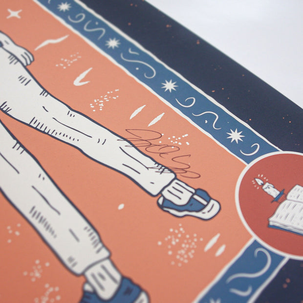 A close-up of a stylized illustration from Buffering The Vampire Slayer shows a person’s legs in sneakers, with a signature above the right leg, decorative border, candle and book icon. Printed by Delicious Design League.