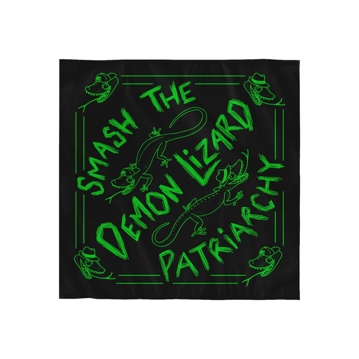 Limited Edition green bandana by Buffering the Vampire Slayer, with neon lizards, cowboy hats, and bold graffiti text: Smash the Demon Lizard Patriarchy. Make a statement with this energetic Smash Lizard accessory!.
