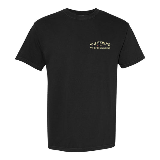 A plain black t-shirt from Buffering the Vampire Slayer with small yellow "BUFFERING VAMPIRE SLAYER" text on the left chest, inspired by classic tour T-shirt designs.