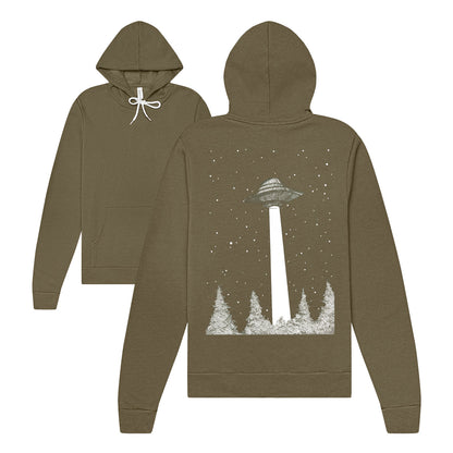 Want To Believe Heather - Olive Pullover. back has white print of a UFO with a beam down to a tree line forest
