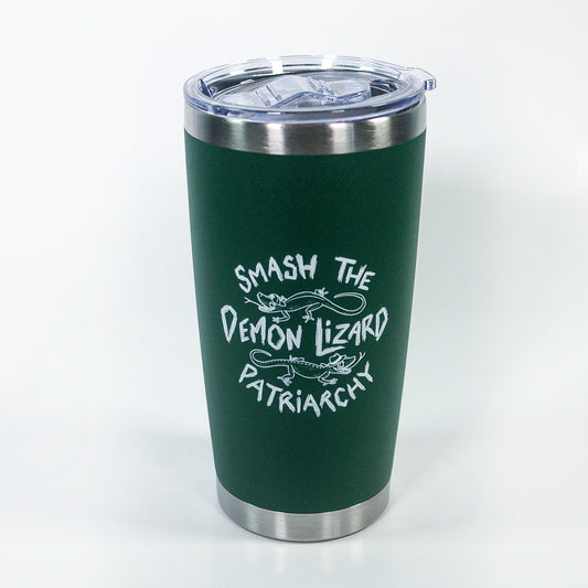 A dark green Buffering the Vampire Slayer coffee tumbler with a clear lid, featuring white text that reads "Smash the Demon Lizard Patriarchy" and small lizard illustrations encircling the words.