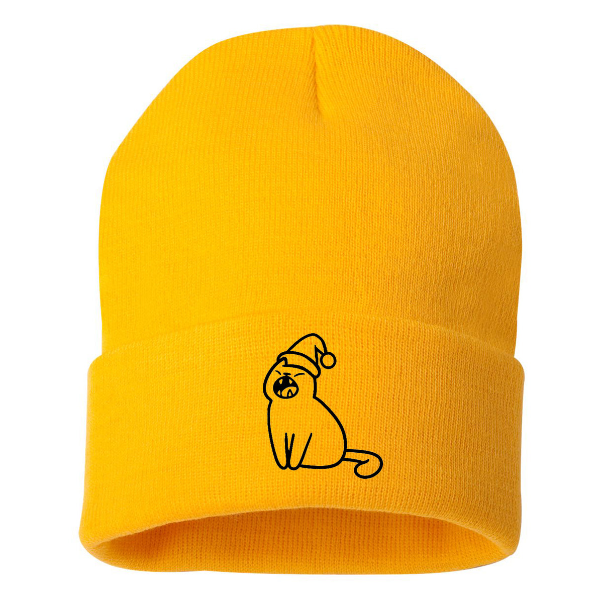 A gold beanie from Buffering the Vampire Slayer featuring a simple black line drawing of a Yowler Cat in a Santa hat on the front of the folded brim.