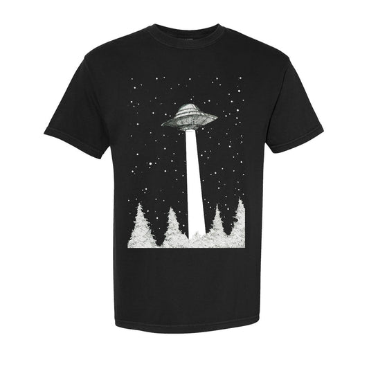 Buffering the Vampire Slayer black t-shirt with a UFO graphic beaming light over pine trees at night, stars scattered in the sky.