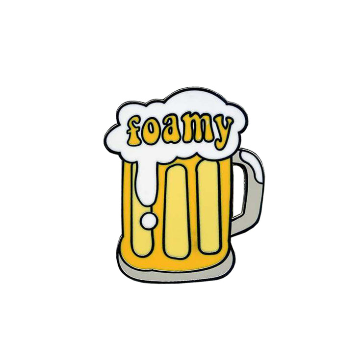 A cartoon-style mug of beer with white foam overflowing and "foamy" in yellow letters on top. This fun 1"x1" sticker from Buffering the Vampire Slayer features a plain white background.