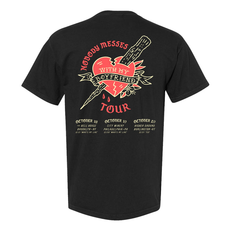 Buffering the Vampire Slayer Black T-Shirt with a broken heart graphic, "Nobody Messes With My Boyfriend Tour" slogan, and three October tour dates in cream and red text.