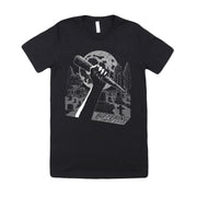 image of a black tee shirt on a white background. tee has a white print on the center chest of a hand holding a stake in a cemetary over a full moon. bottom left says buffering the vampire slayer