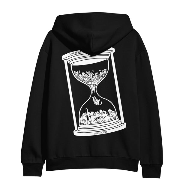 image of the back of a black zip up hoodie. hoodie  has a full back print in white of an hourglass with cats inside.