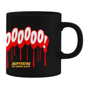 image of a black coffee mug on a white background. mug has full print in white and red that says AWOOOOOO! on the bottom says buffering the vampire slayer.