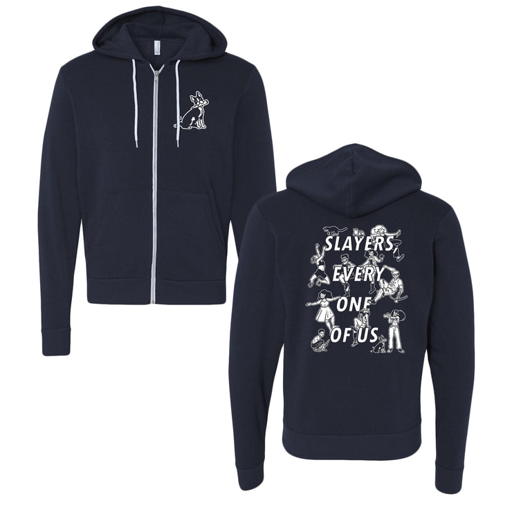 image of the front and back of a navy zip up hoodie on a white background. front of the hoodie is on the left and has a small chest print on the right of a dog with a wooden stake in its mouth. the back of the hoodie is on the right and has stacked white text that reads, slayers every one of us, with various characters surrouding the words.