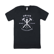 image of a black tee shirt on a white background. tee has center chest print in white that says smash the demon lizard patriarchy with two sledge hammers crossed and a stake in the middle