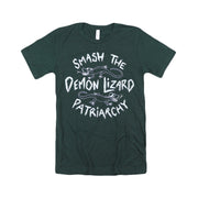 image of an emerald green tri blend tee shirt on a white background. tee has center chest print in white that says smash the demon lizard patriarchy with two lizards