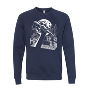image of a navy crewneck sweatshirt on a white background. crewneck has a white print on the center chest of a hand holding a stake in a cemetary over a full moon. bottom left says buffering the vampire slayer