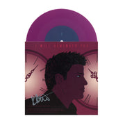 image of a signed side b of a purple seven inch vinyl record on a white background. side b's cover is on the bottom and has a mans face in front of clocks. 