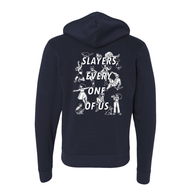 image of the back of a navy hoodie on a white background. back of the hoodie  has stacked white text that reads, slayers every one of us, with various characters surrouding the words.