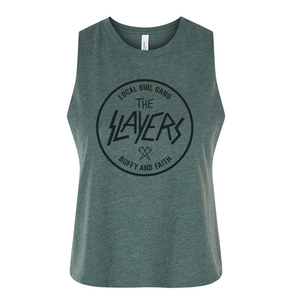 image of a cropped heather forest women's tank top on a white background. small center chest print in black of a circle. inside the circle says local girl gang, The Slayers, Buffy and Faith