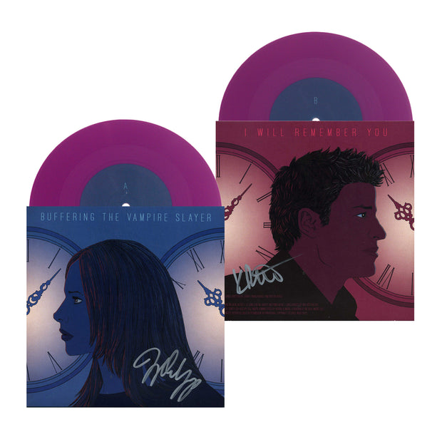 image of the front and back of a purple seven inch vinyl record and their covers on a white background. side a is on the left and has a womans face in front of clocks. side b is on the right and has a mans face in front of clocks. both sides are signed