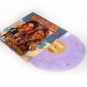 angled image of a purple vinyl record on the right and the album cover on the left. cover says buffering the vampire slayer and has a seven women on the cover from the podcast. the bottom says one more with one more with feeling