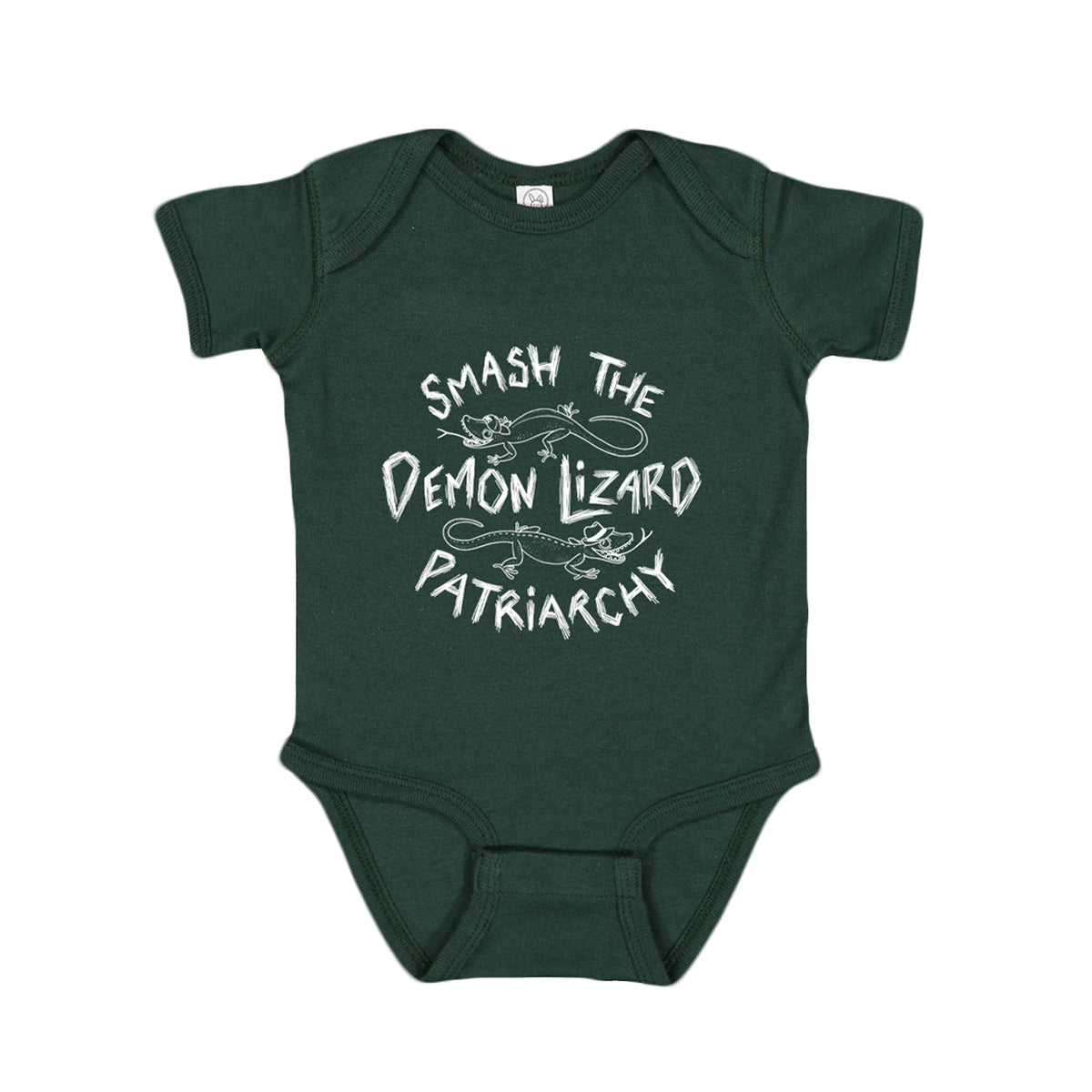 image of an emerald green tri blend baby onesie on a white background. onesie has center chest print in white that says smash the demon lizard patriarchy with two lizards