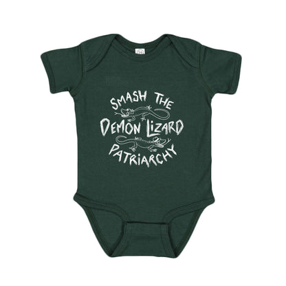 image of an emerald green tri blend baby onesie on a white background. onesie has center chest print in white that says smash the demon lizard patriarchy with two lizards