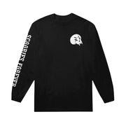 image of a black long sleeve tee shirt on a white background. there is a small chest print in white on the right chest of a vampire skull. the left sleeve says scoobies forever
