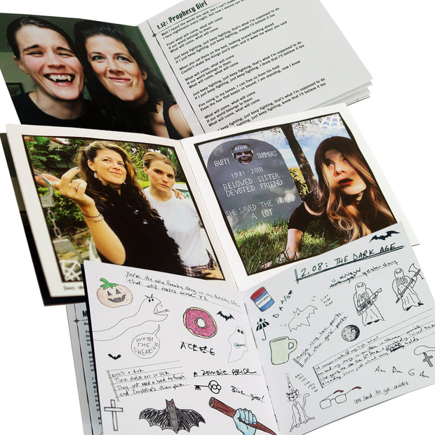 image of the inside of the 16 page booklet showing different images of Jenny and Kristin and drawings for the podcast.