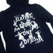 close up angled image of the back of a navy hoodie on a white background. back of the hoodie has stacked white text that reads, slayers every one of us, with various characters surrouding the words.