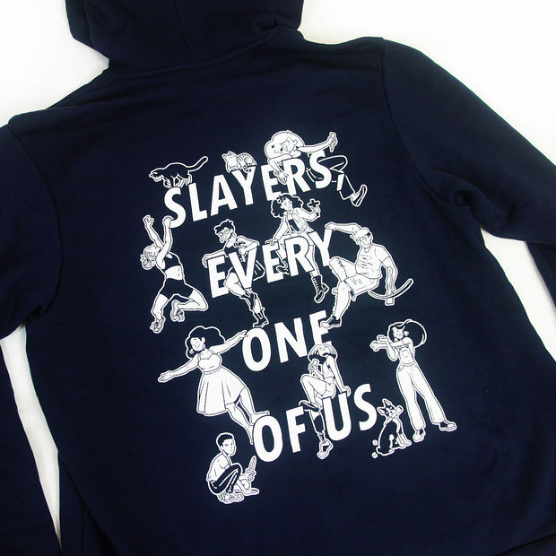 close up angled image of the back of a navy hoodie on a white background. back of the hoodie has stacked white text that reads, slayers every one of us, with various characters surrouding the words.