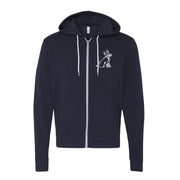image of the front of a navy zip up hoodie on a white background. front of the hoodie has a small chest print on the right of a dog with a wooden stake in its mouth.