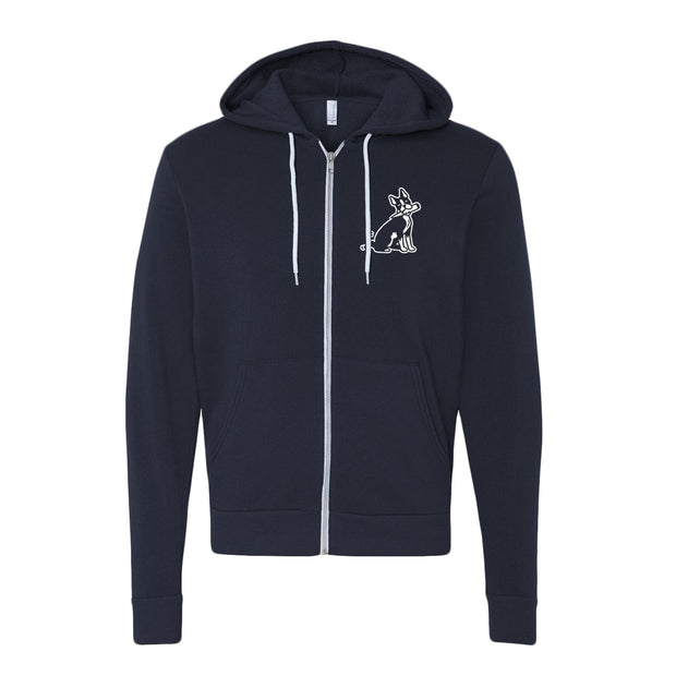 image of the front of a navy zip up hoodie on a white background. front of the hoodie has a small chest print on the right of a dog with a wooden stake in its mouth.
