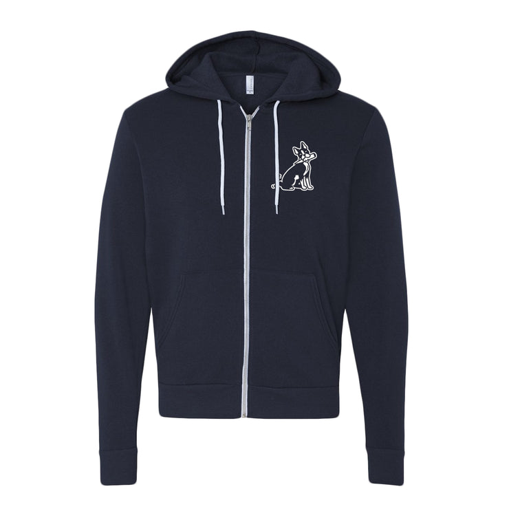 image of the front of a navy zip up hoodie on a white background. front of the hoodie has a small chest print on the right of a dog with a wooden stake in its mouth.