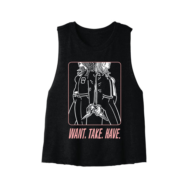 image of a black cropped tank top on a white background. tank top has full body print. the center in white outline are two girls standing back-to-back holding stakes. a pink rectangle is around the girls, and the bottom in pink says want take have